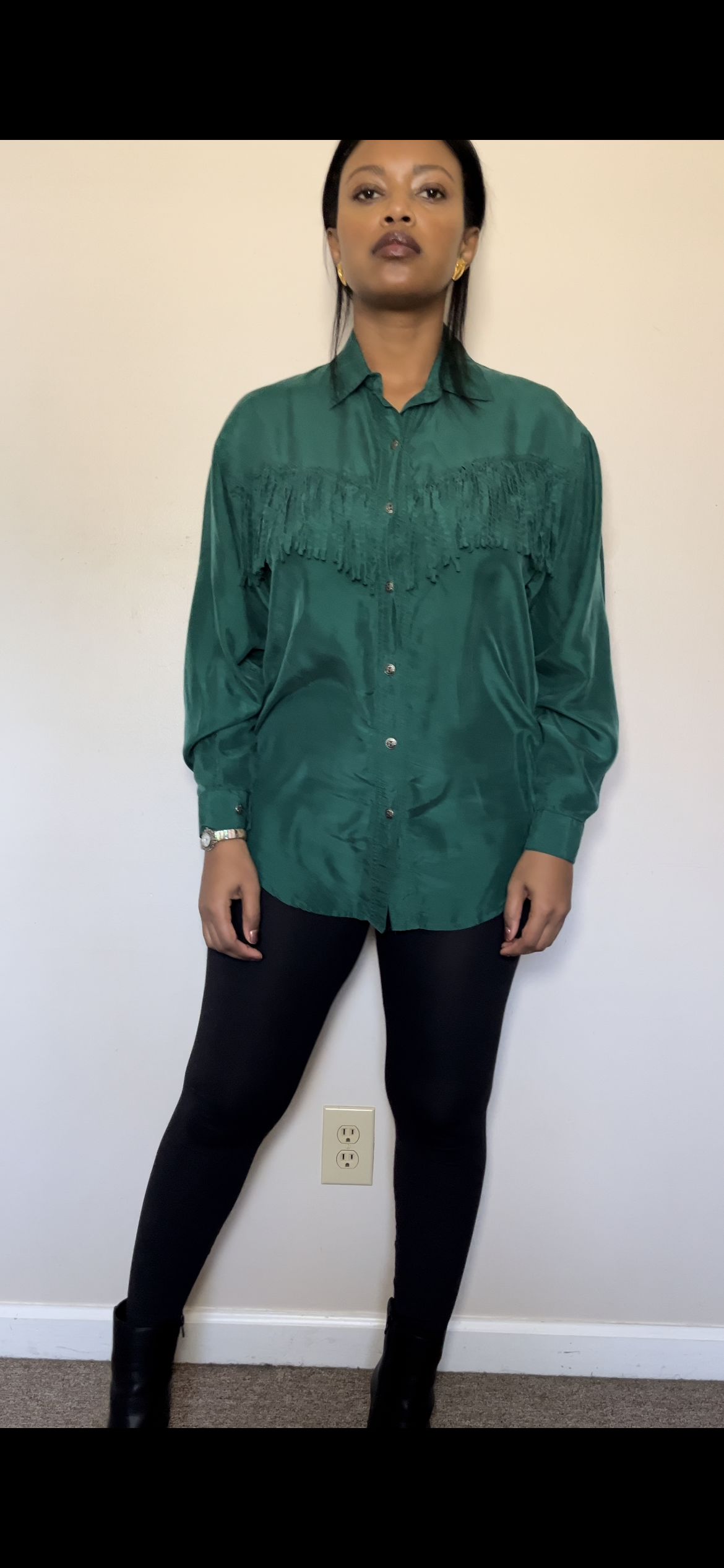 Vintage Nuggets 100 Silk Emerald Green Blouse Size Small