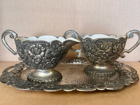 Vintage Price Import Silver Cast Metal And White Enamel Cream And Sugar Set With Tray