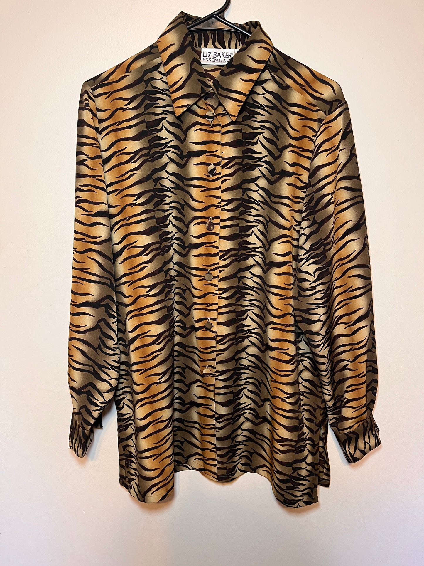 Vintage Liz Baker Essentials Brown Black Animal Print Button Down Blouse
