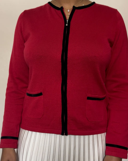 Vintage Charles & Bank Red cardigan with black accent and black zippers