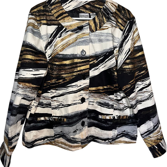 Vintage Chico's abstract GEO Gold print Cotton stretch long sleeve jacket Ladies Size 2