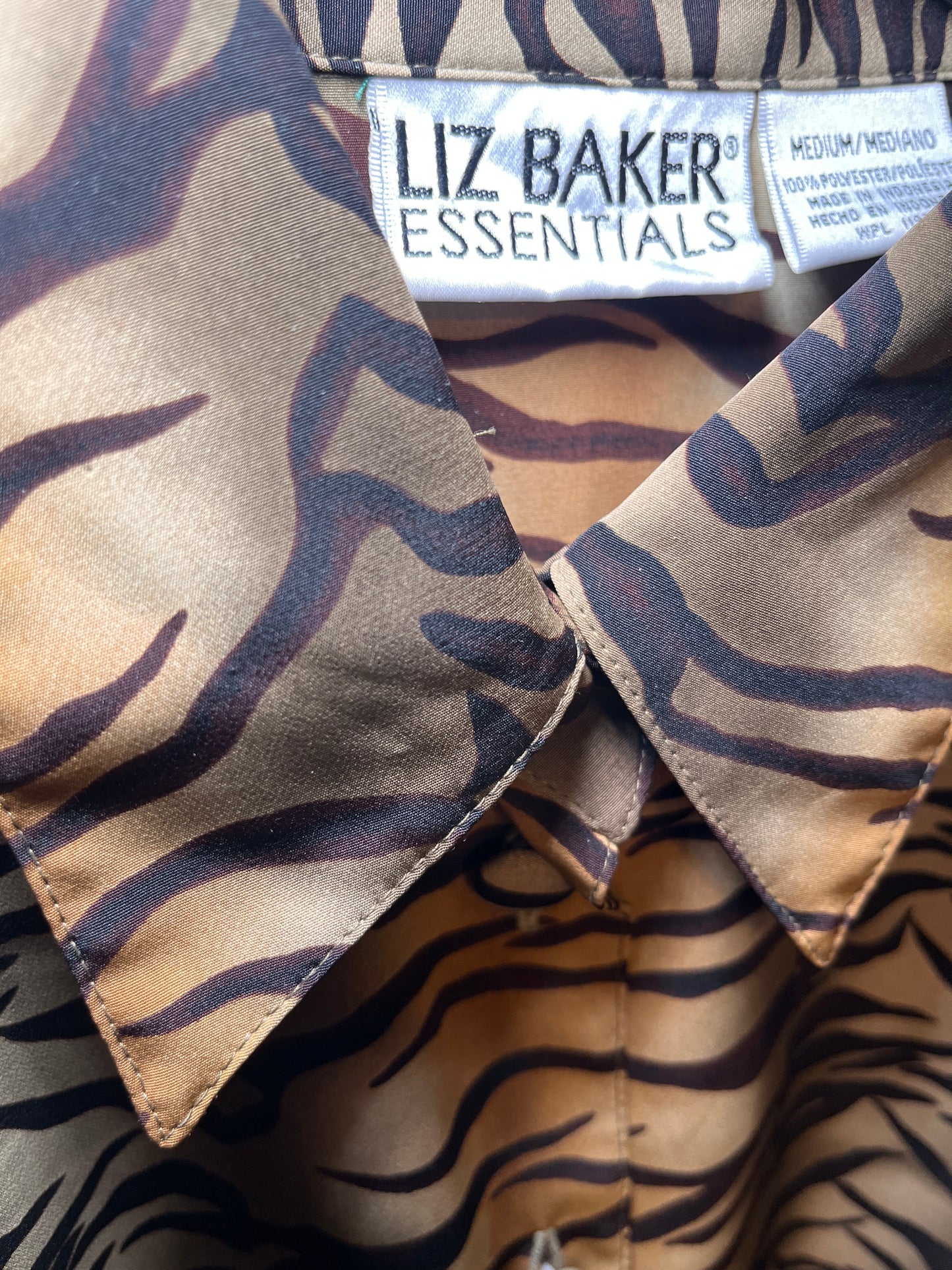 Vintage Liz Baker Essentials Brown Black Animal Print Button Down Blouse
