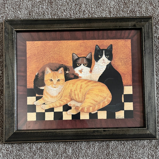 3 Country Cat Wall Art Wood Framed By Cindy Sampson "13.5x16.5”