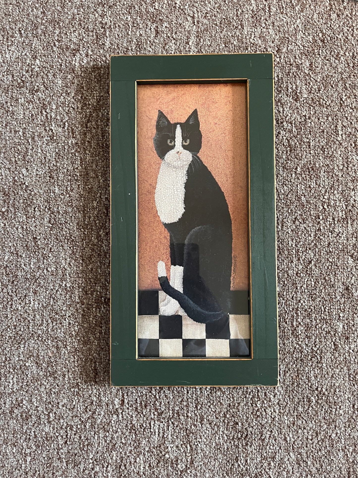 Country Cat Wall Art Wood Framed By Cindy Sampson Black White Cat "13.5x6.5”