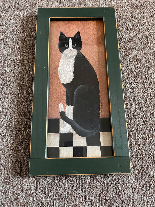 Country Cat Wall Art Wood Framed By Cindy Sampson Black White Cat "13.5x6.5”