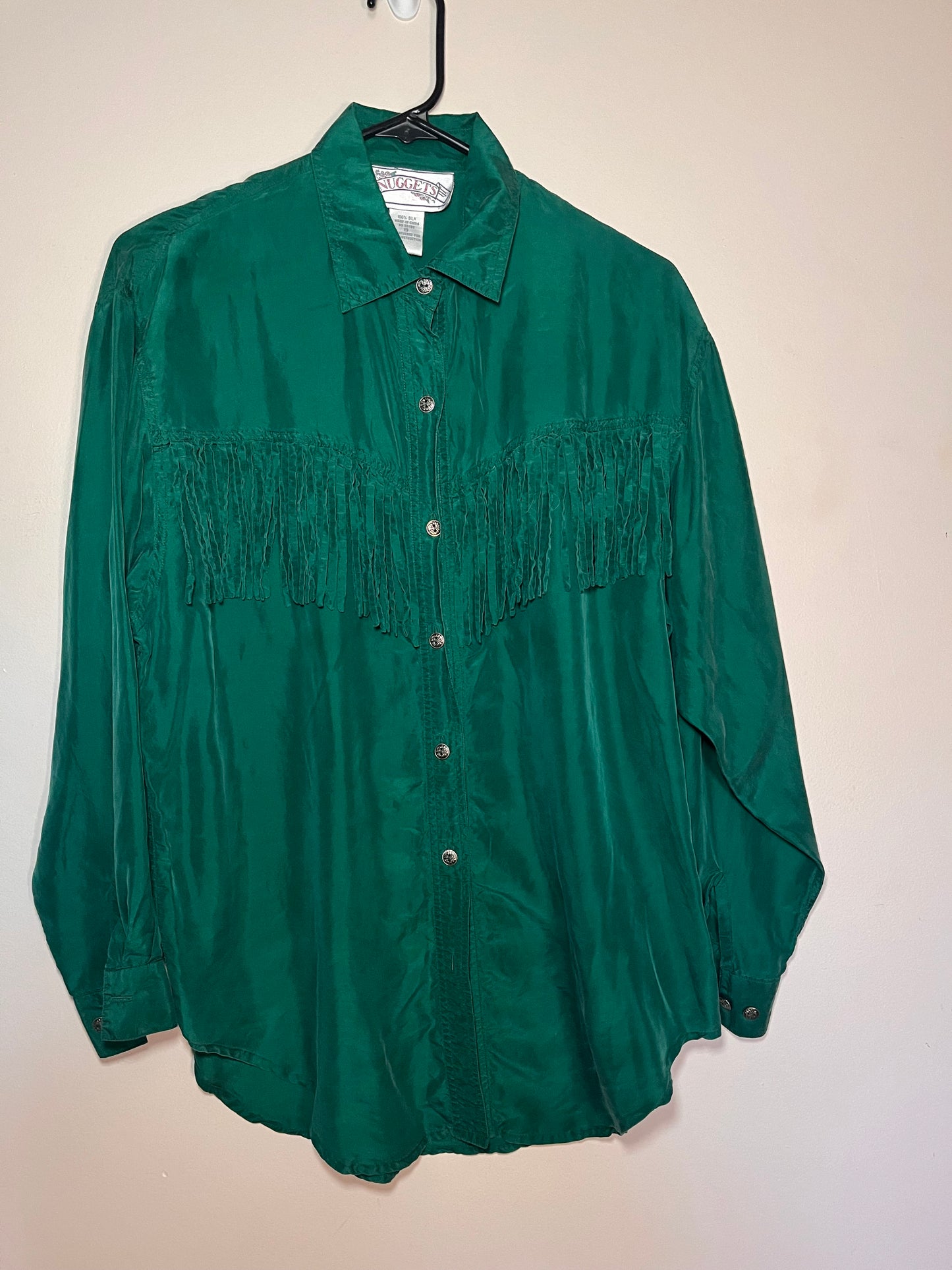 Vintage Nuggets 100 Silk Emerald Green Blouse Size Small