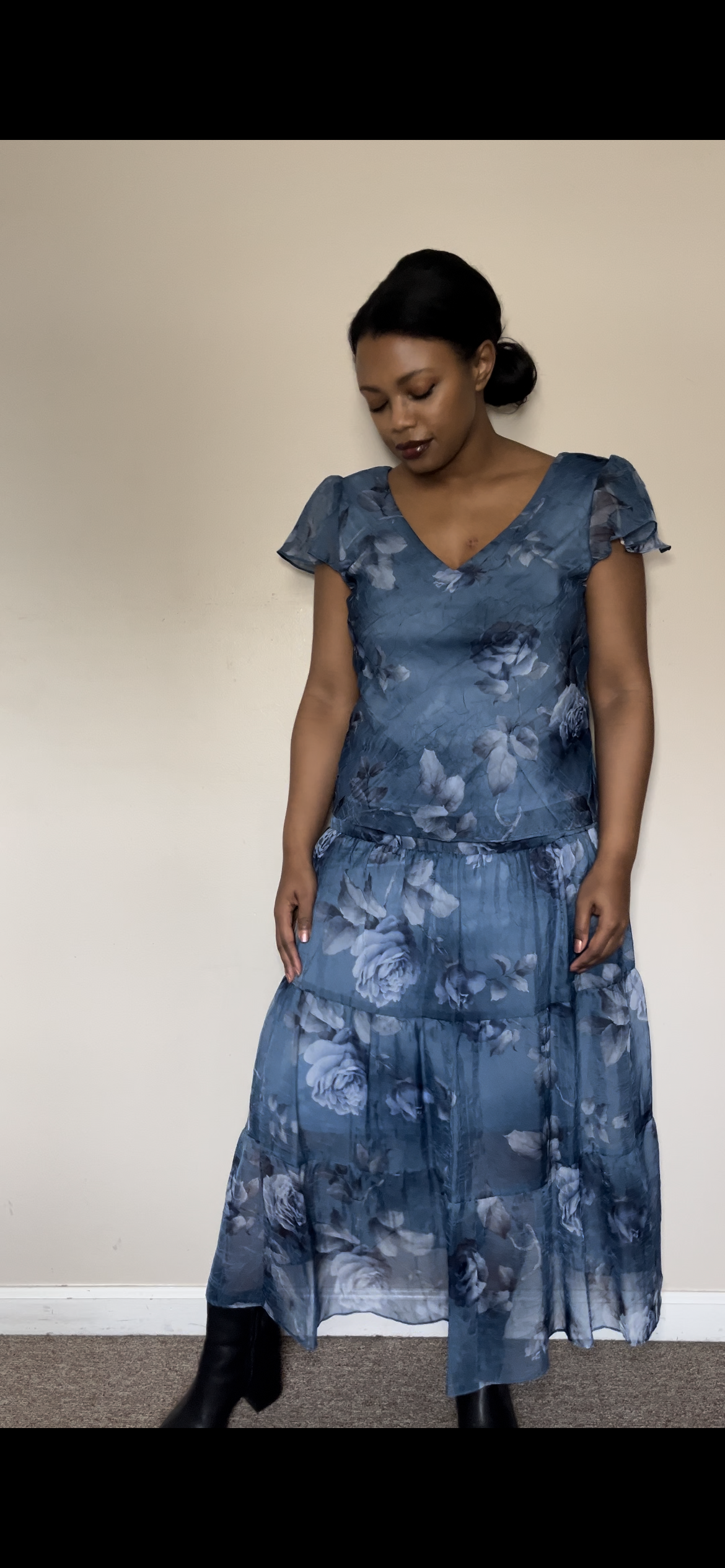 Vintage Miss Dorby label chiffon dress w ruffled shoulder pads, blue with white and light blue roses maxi lined dress sheet 2piece event dress