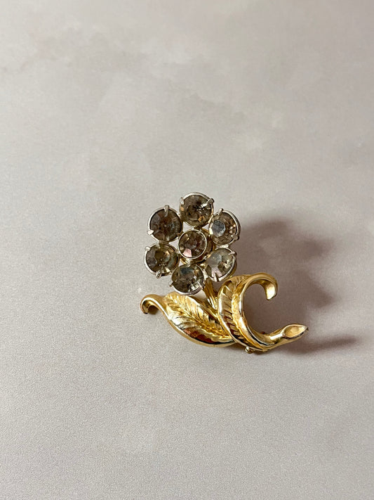 Vintage Gold Tone Long Stem Rhinestone Flower Brooch Pin