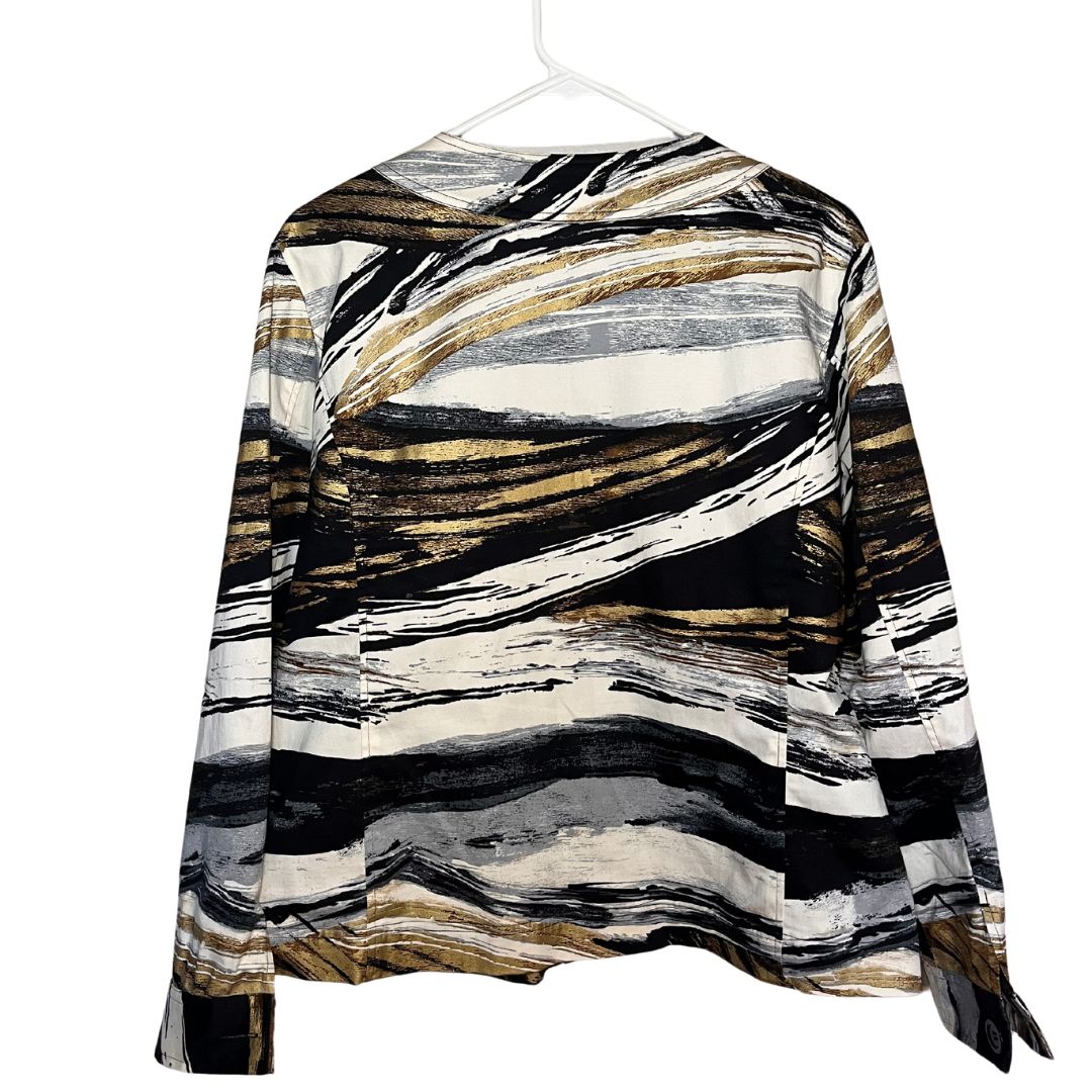 Vintage Chico's abstract GEO Gold print Cotton stretch long sleeve jacket Ladies Size 2