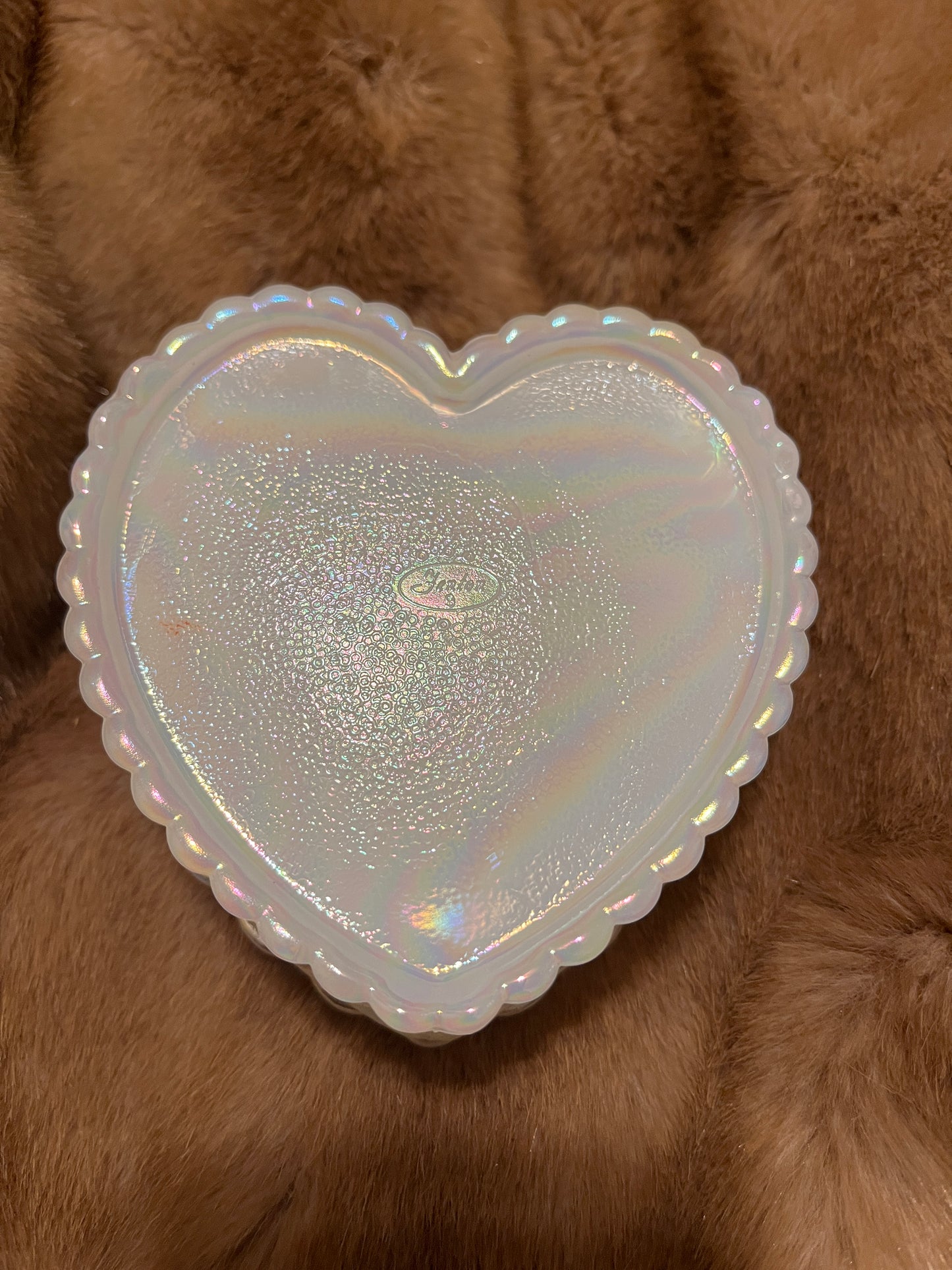 Vintage Fenton Iridescent Heart Shape Trinket Jewelry Box with Lid Dish 3D Roses