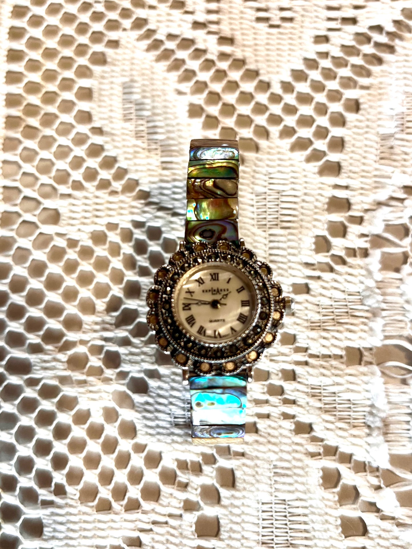 LA Express Women Watch Stainless Steel Silver Tone Rhinestone Pearl Quartz Abalone Shell Wristwatch