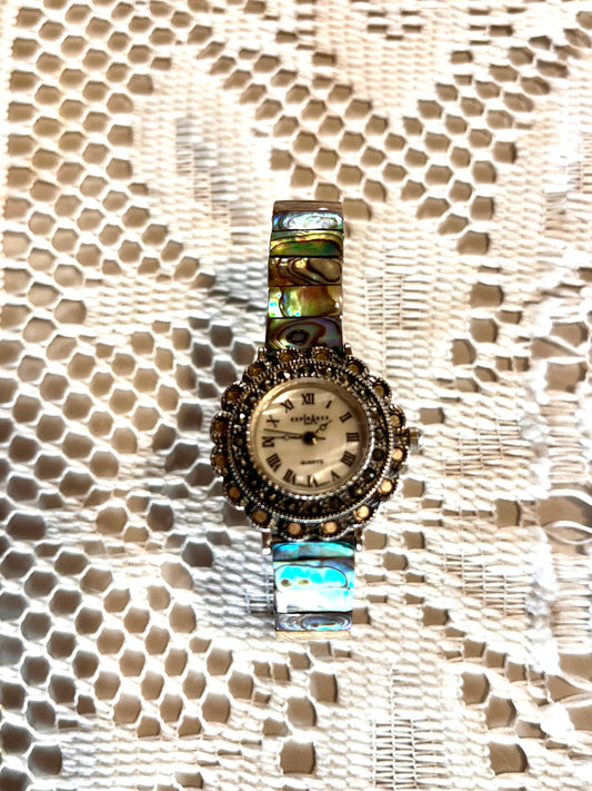 LA Express Women Watch Stainless Steel Silver Tone Rhinestone Pearl Quartz Abalone Shell Wristwatch