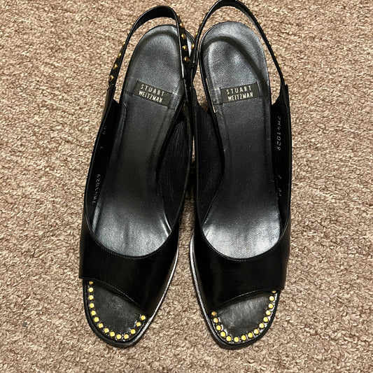 Vintage Stuart Weitzman Black Leather Open-Toe Slingback Heels w/Gold Buttons